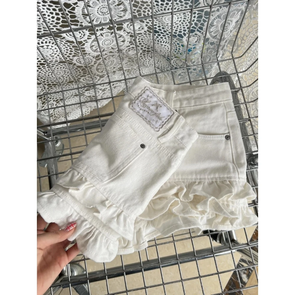 大码美式复古设计感荷叶边短裤女2025夏季新款高腰显瘦小众牛仔裤