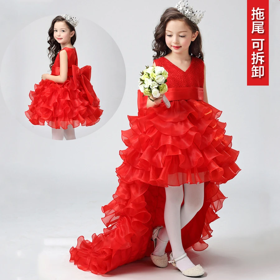高端新款礼服花童女童连衣裙秋冬拖尾蕾丝生日礼服公主裙厂家批发