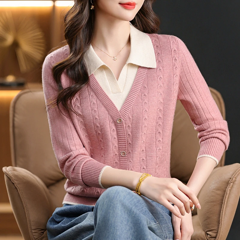 气质减龄假两件毛衣翻领休闲针织衫韩版显瘦宽松小衫上衣大码打底