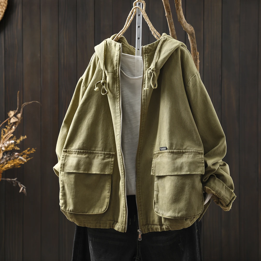 秋季外套2025新款女抽绳连帽个性大口袋宽松复古休闲气质工装夹克