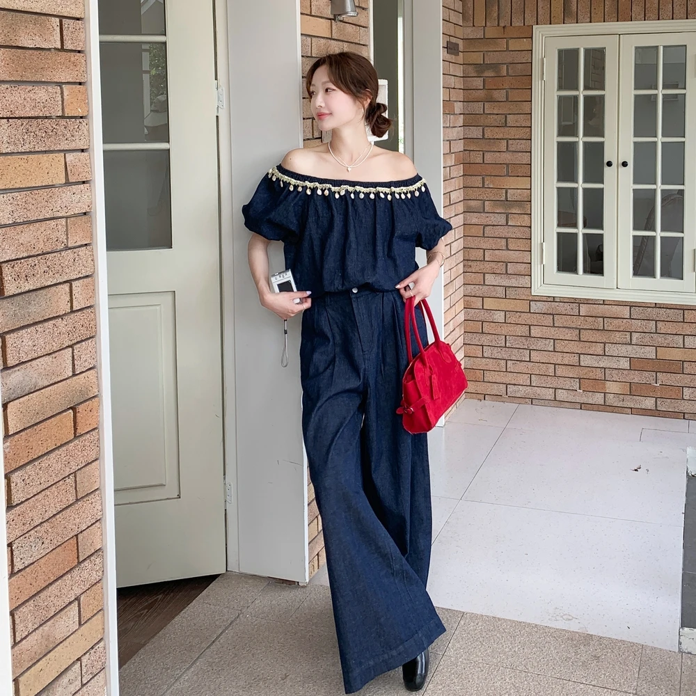 甜美减龄一字肩上衣阔腿裤套装女2025夏季新款ootd穿搭时尚两件套