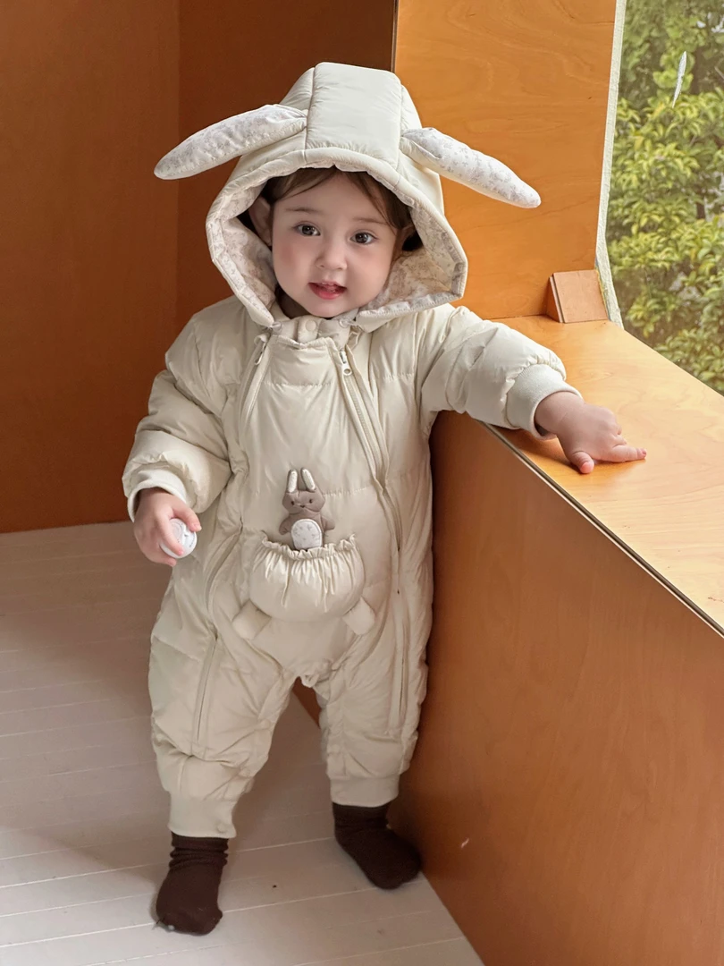 【90白鸭绒】2026新款婴幼儿冬季保暖羽绒服连体衣女宝宝爬服哈衣