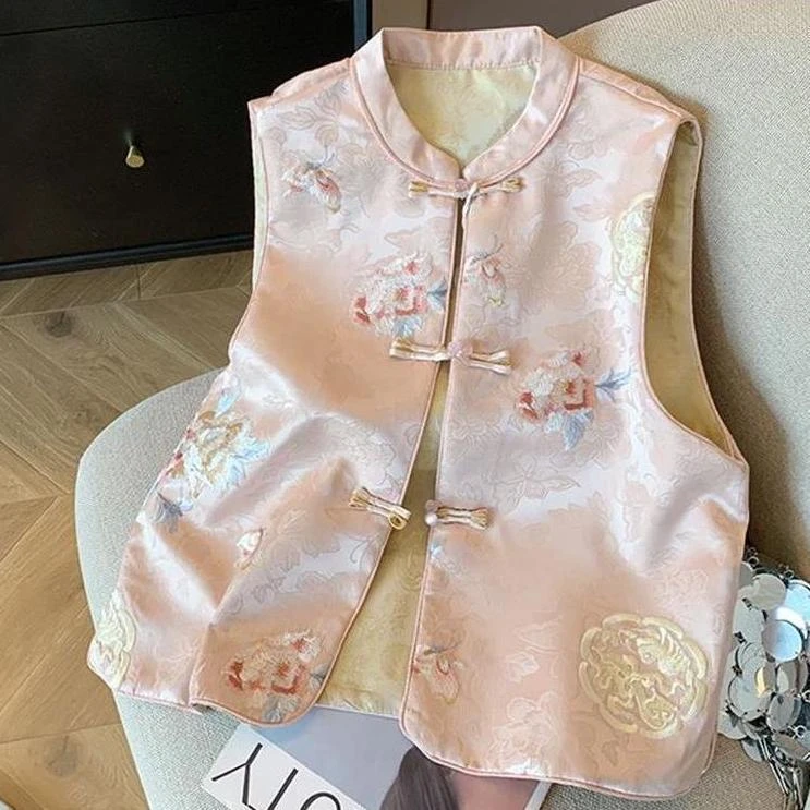 【如意】春季新款重工艺国风刺绣中式国风提花马甲百搭盘口背心马夹