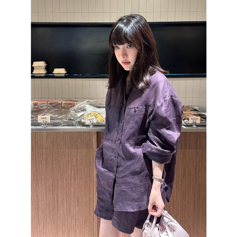 老钱风亚麻衬衫套装女夏季复古百搭宽松薄款防晒衣显瘦短裤两件套