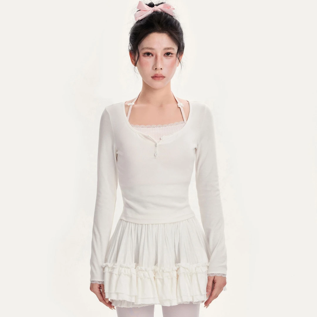 【清清】NCXK春季少女大U领长袖T恤拼接假两件显瘦修身百搭CX019