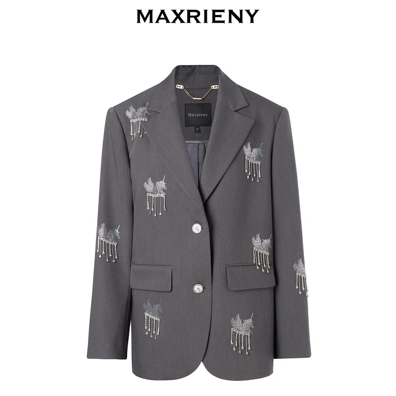 MAXRIENY精致设计感通勤风廓形秋冬休闲黑色西服钻链外套女春