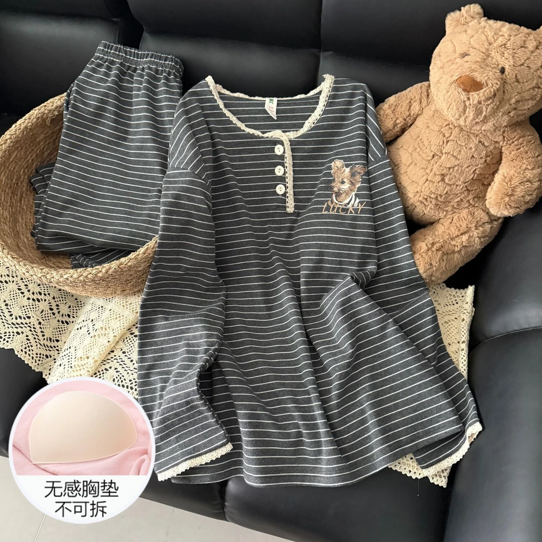 睡衣女春秋季双面精梳棉长袖2025新款带胸垫灰条狗套装冬天家居服