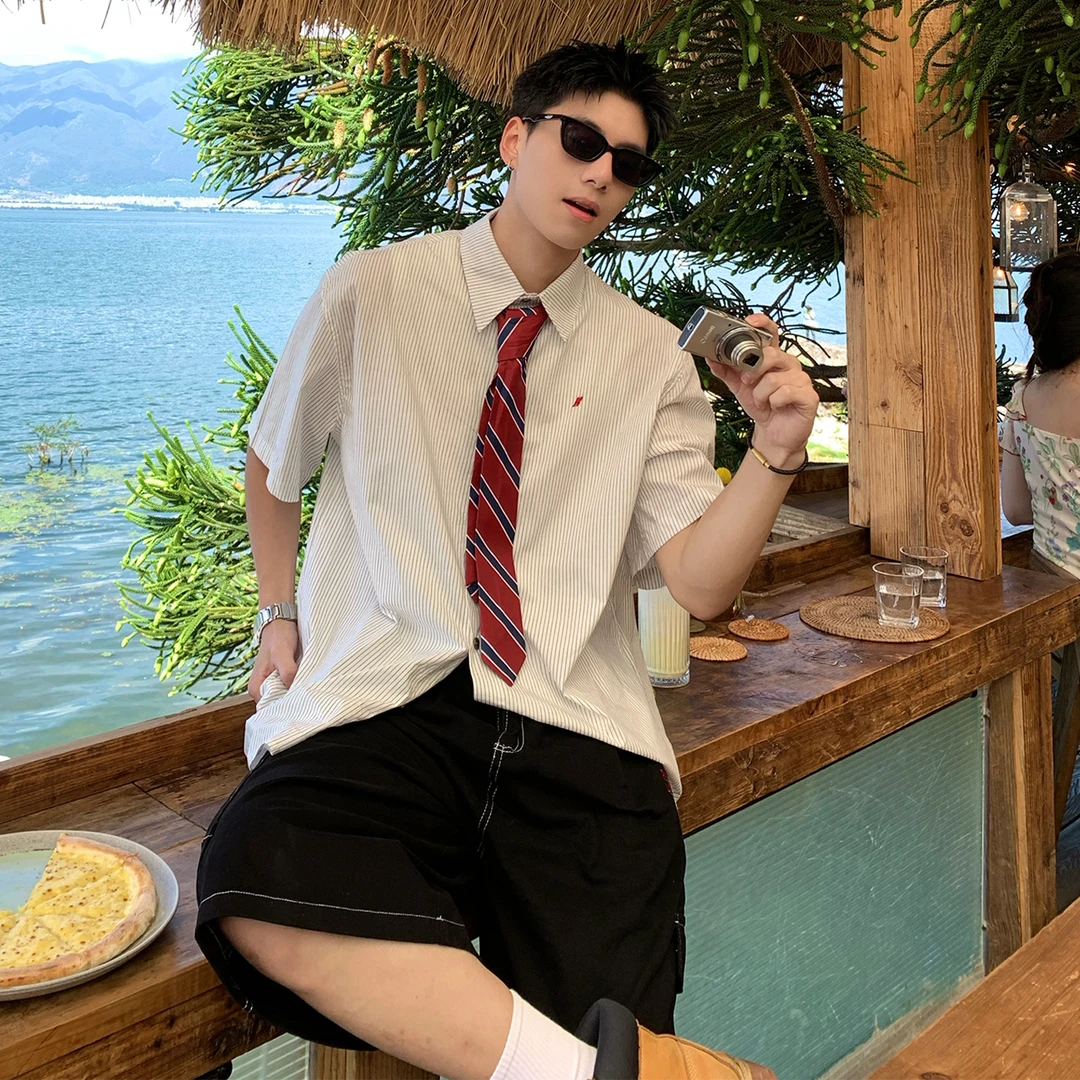 Holocene美式潮牌2025宽松学院风条纹短袖衬衫男痞帅百搭衬衣C619