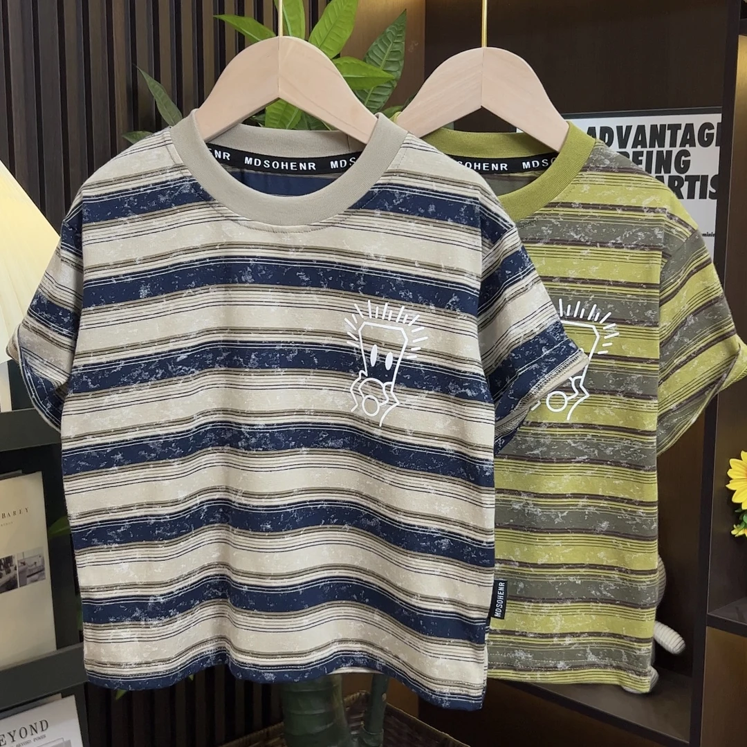 儿童圆领T恤2025夏季新款中大童休闲百搭条纹潮短袖25XK048