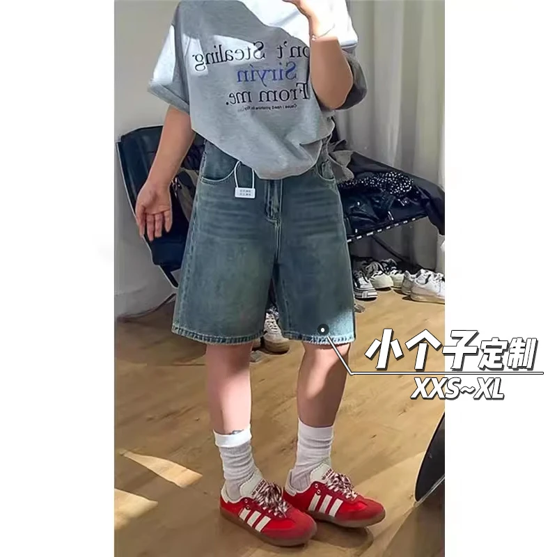 五分阔腿牛仔短裤女秋150小矮个子宽松复古高腰显瘦直筒美式中裤
