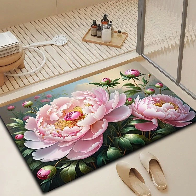 新款3D花朵硅藻泥卫生间门口吸水防滑地垫浴室家用防滑入户门脚垫