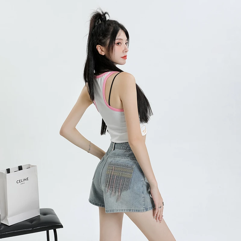 美式高腰牛仔短裤女夏2025新款小个子A字刺绣短裤宽松显瘦热裤女