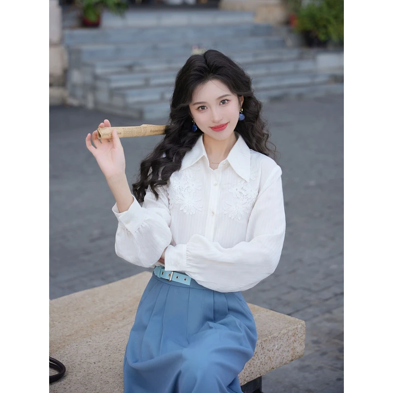 琦琦【窗口的白茉莉】港风复古纯色长袖衬衫宽松百搭上衣YE0706183