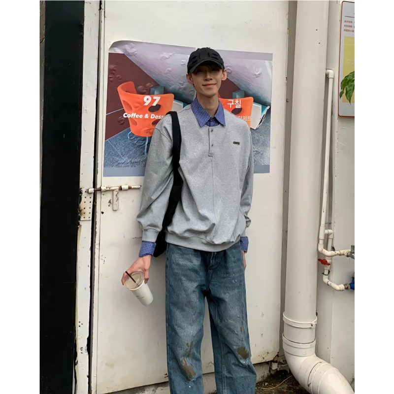 拼接假两件卫衣男春季潮牌高级感polo衬衫翻领格子美式长袖T恤