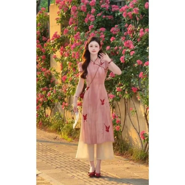 【南风里】新中式蝴蝶刺绣假两件拼接旗袍连衣裙子收腰显瘦长裙女装
