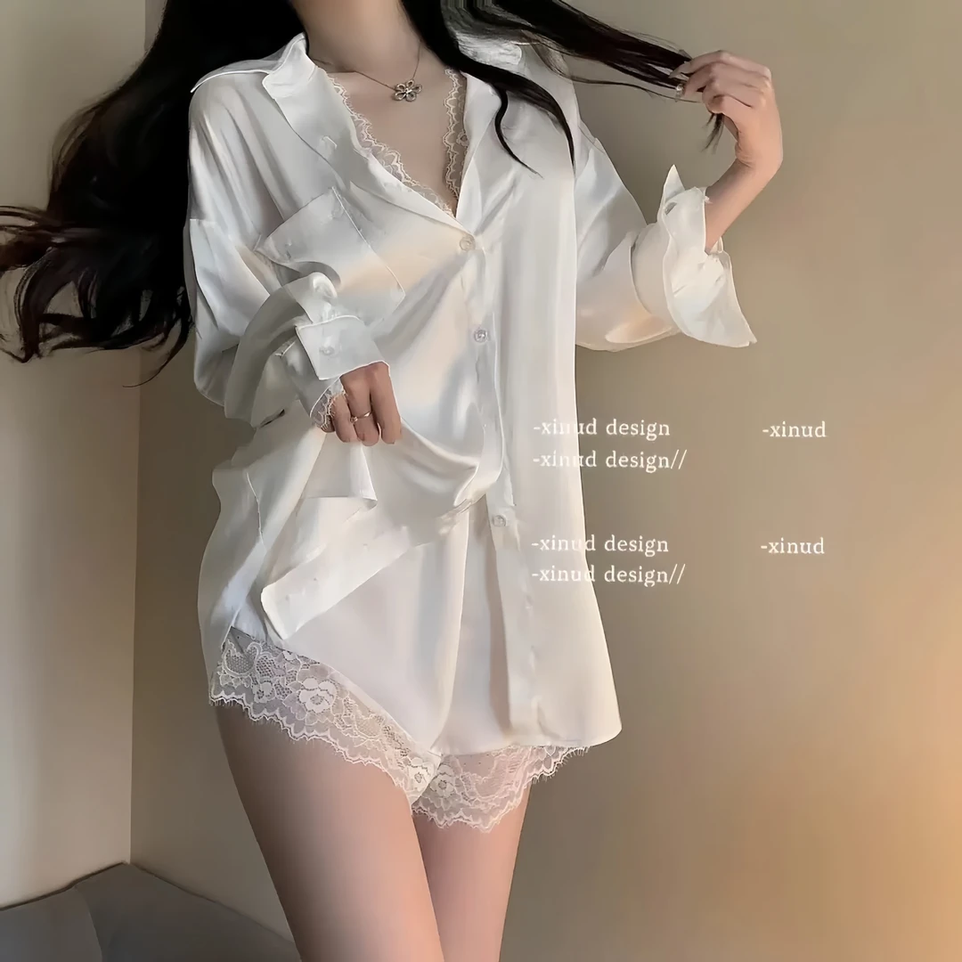 男友风衬衫冰丝性感大码睡衣纯欲女蕾丝缎面假两件睡裙家居服