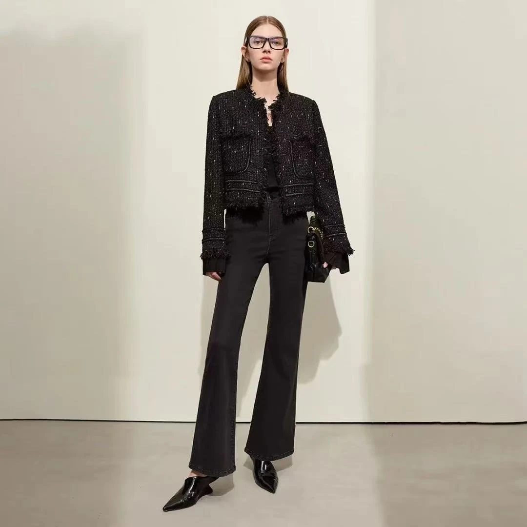 2025新款女小香风外套长袖气质设计师黑色粗花呢短款休闲女士外套