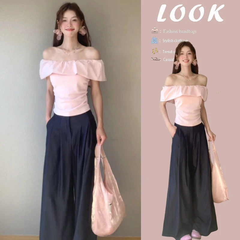 时尚穿搭女2025夏季纯欲气质一字肩上衣高腰休闲阔腿裤两件套装潮