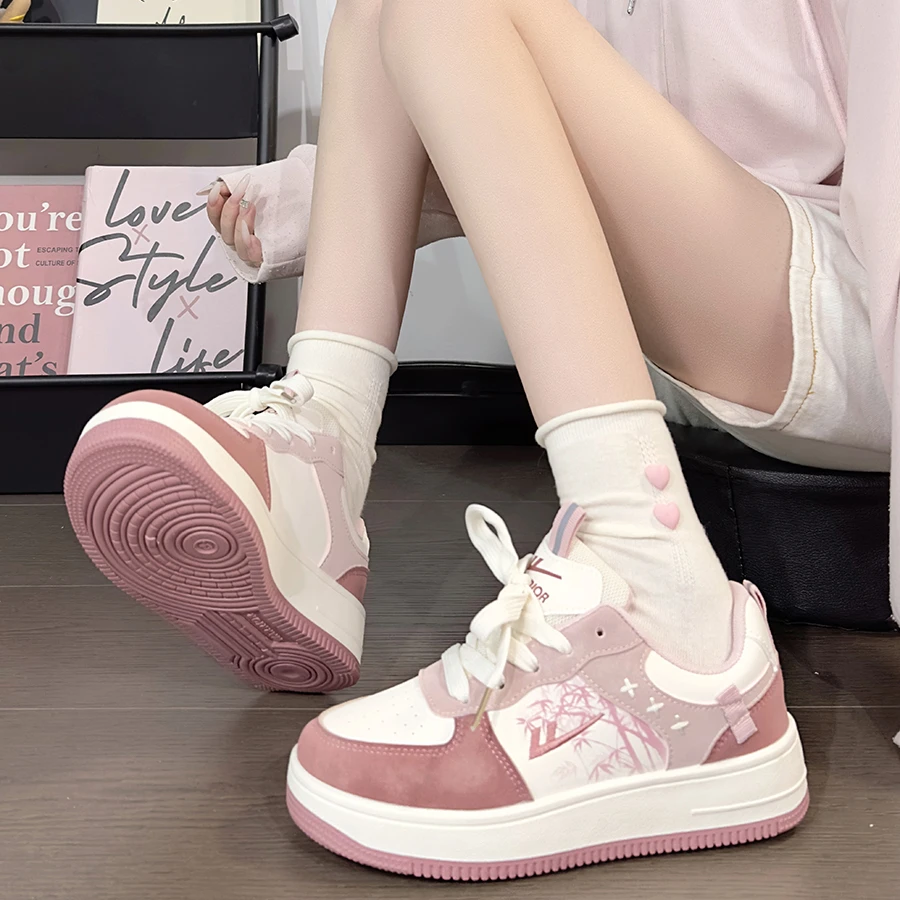 回力粉红女鞋水墨画板鞋女款厚底百搭潮流休闲鞋通勤外穿小白鞋女