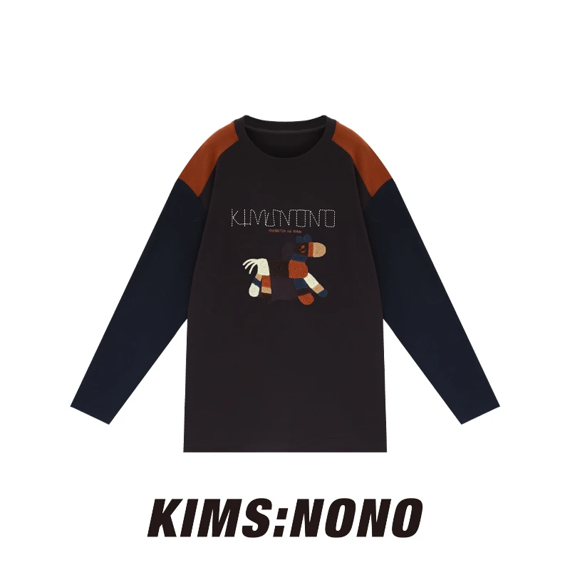 RATX123936时尚拼色插肩袖磨毛卫衣女2025年冬季狗狗刺绣长袖T恤