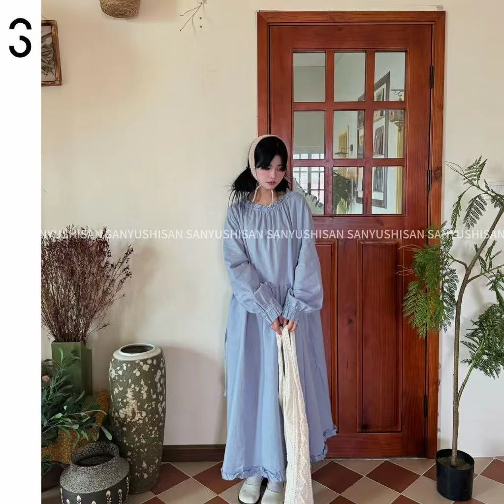 三与十三|E0009|复古棉麻宽松显瘦灯笼袖长款娃娃连衣裙