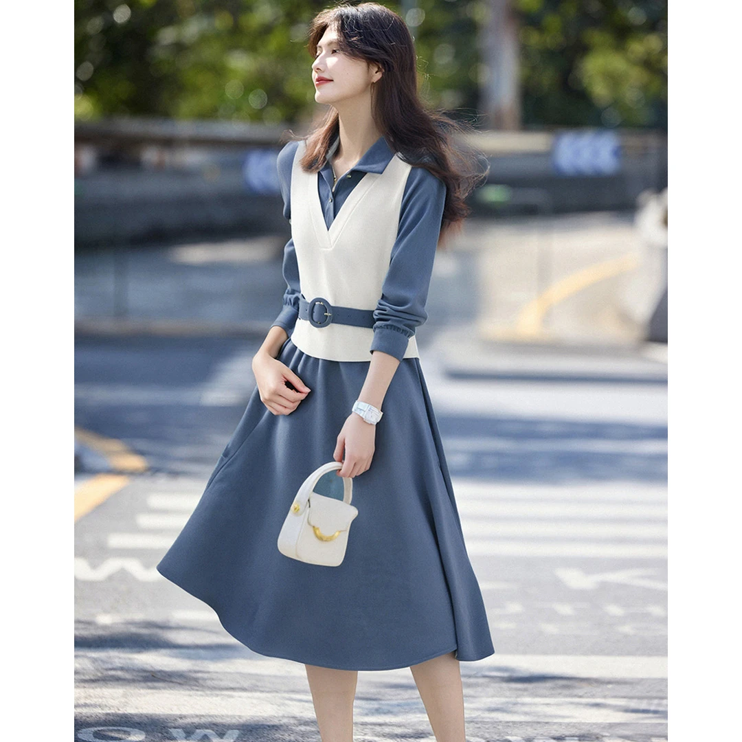 尚静｜【假两件撞色收腰连衣裙】秋季款时尚翻领长袖A字裙