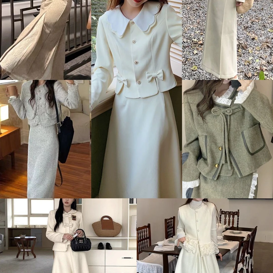 秋季长裙套装韩系小香风套装女加厚加绒两件套2025冬新毛呢套装裙