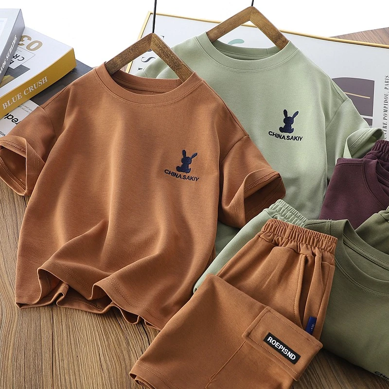 男童圆领短袖套装2025夏季儿童洋气潮t上衣休闲五分短裤运动2件套