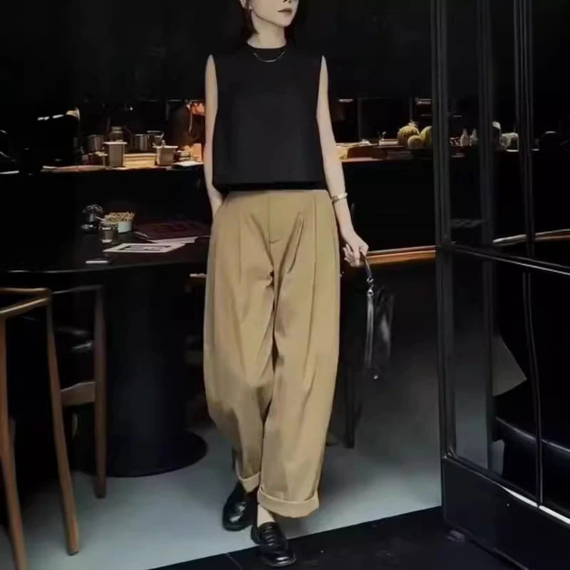 新款时尚百搭韩系无袖背心垂感高腰阔腿裤洋气女装