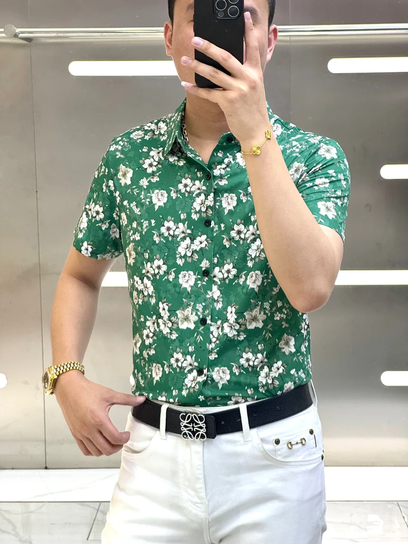 25夏季(轩诚)小白花印花时尚个性百搭潮流男款弹力三色短袖衬衫