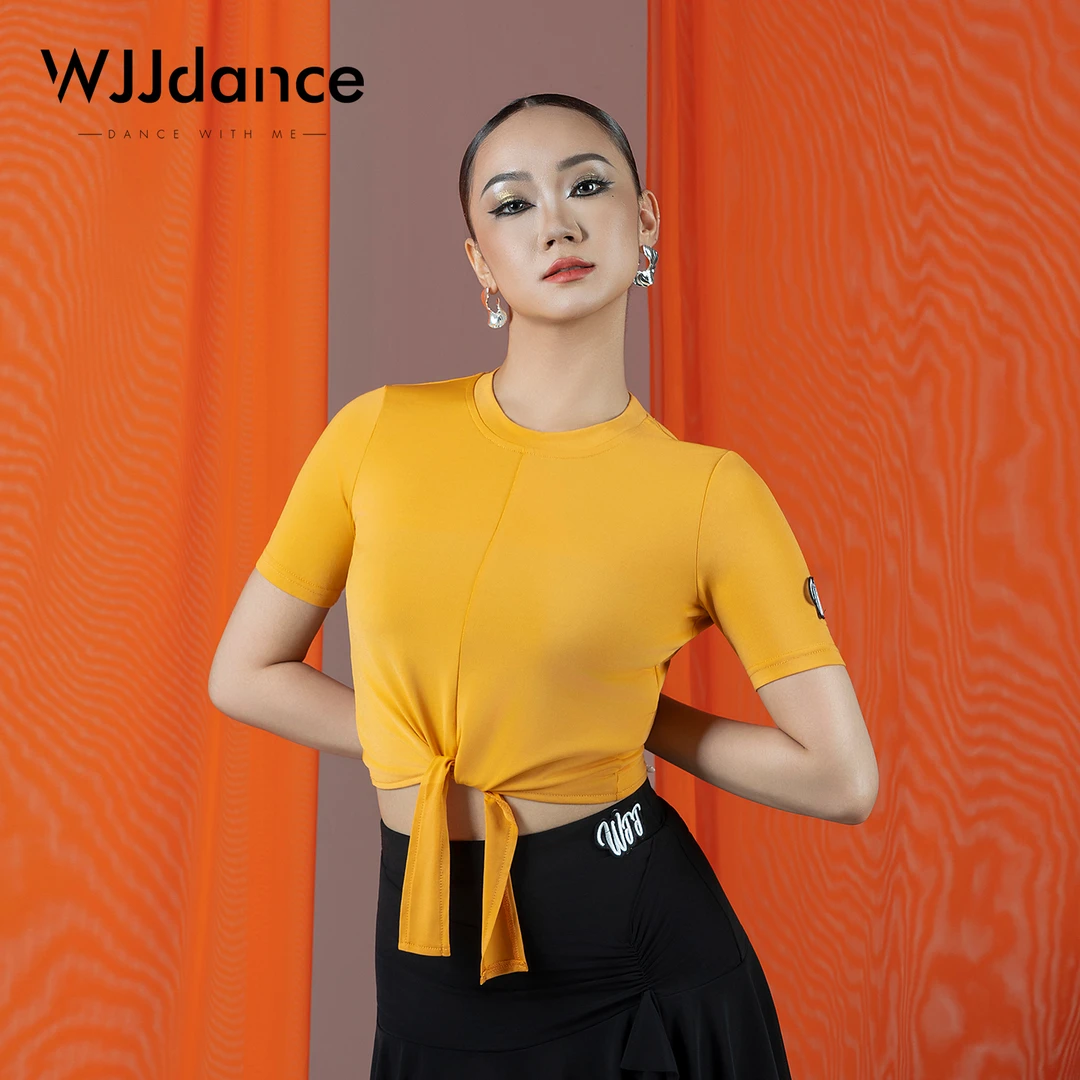 WJJdance拉丁舞服国标舞上衣女2025短袖露脐国标舞蹈练功服跳舞衣