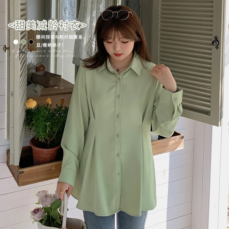 【红袖雨】新款大码设计感百褶宽松收腰显瘦衬衫--SV0923120071