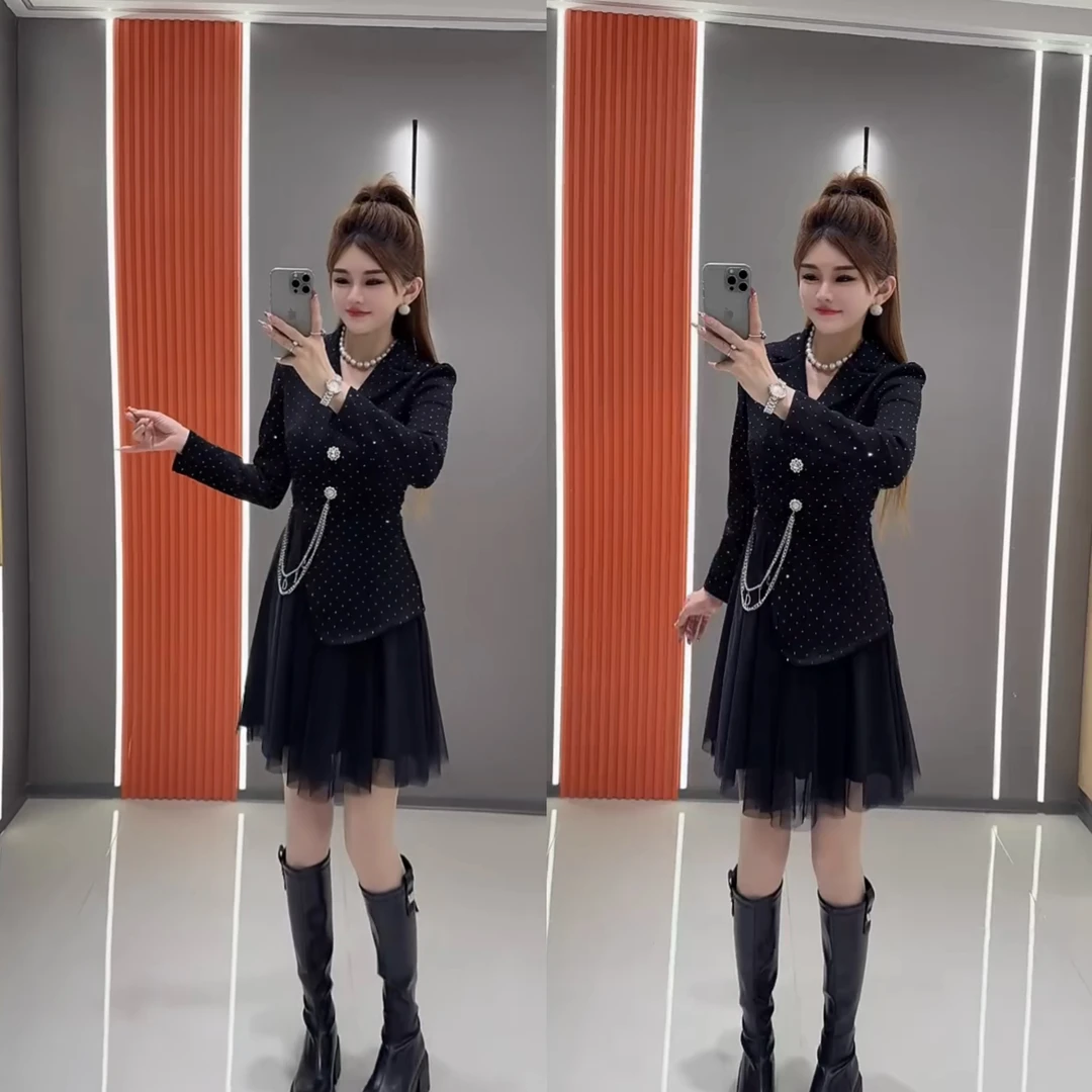 9155时尚气质满天星拼接网纱连衣裙2025春季新款显瘦高级感连衣裙