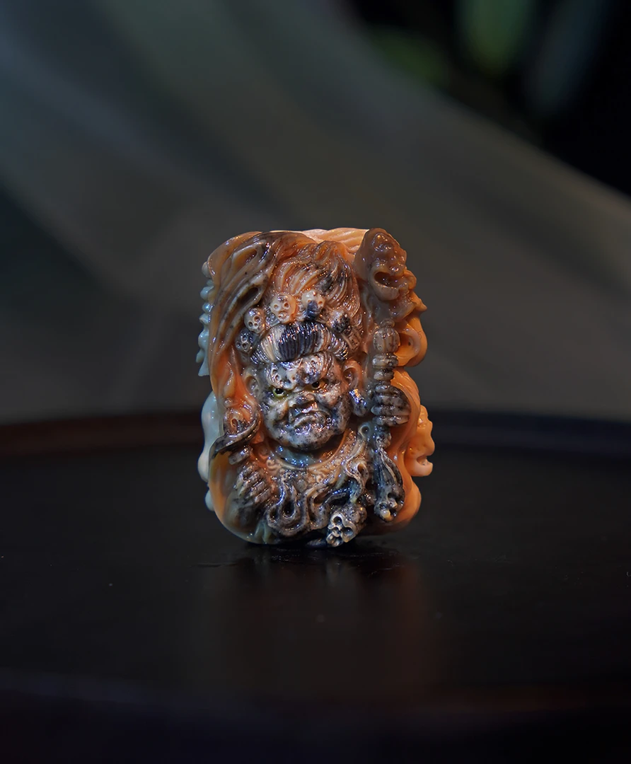 天然猛犸牙/手工雕刻作品/水墨大黑天/特色咖料/文玩收藏