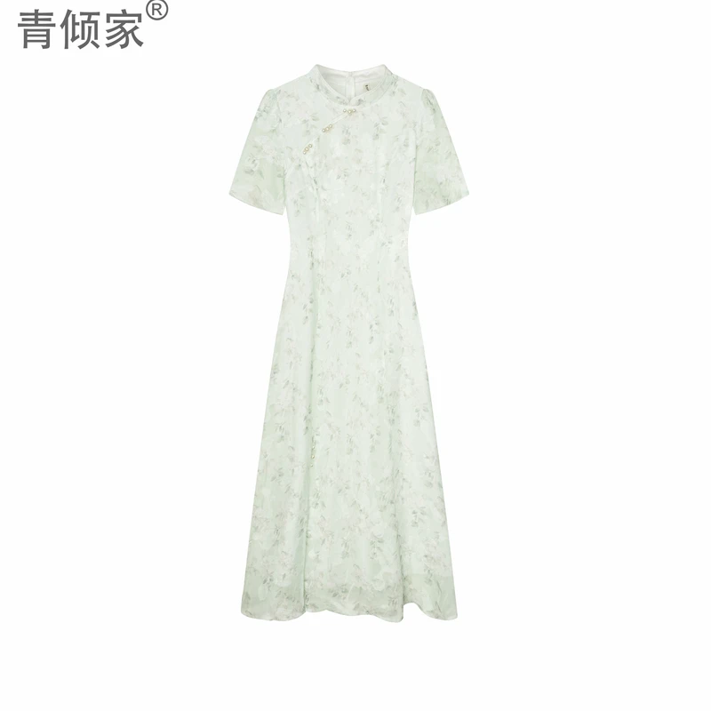 青倾家【馥芮白茶】夏季新款旗袍裙子减龄印花新中式打底衫连衣裙