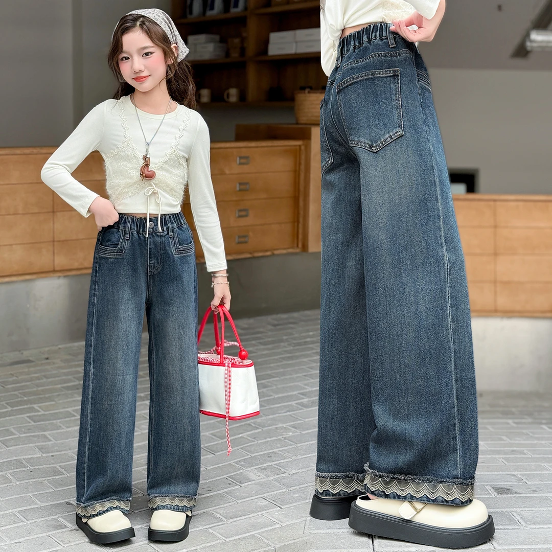 女童牛仔阔腿裤秋季新款6-12岁儿童洋气显瘦直筒裤春秋大童裤子潮