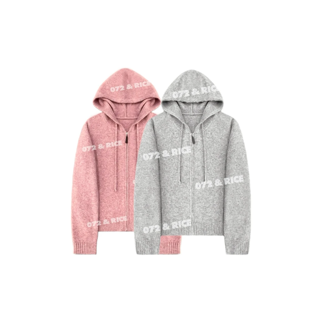 072 & RICE【水蜜桃】羊毛 秋季休闲拉链连帽长袖针织衫 32LN39005