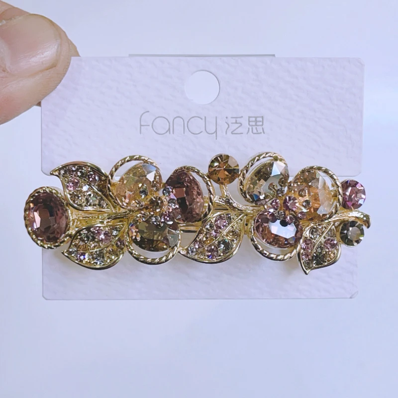 优雅彩色水晶花朵发夹后脑勺盘发一字弹簧夹气质半扎马尾发夹妈妈