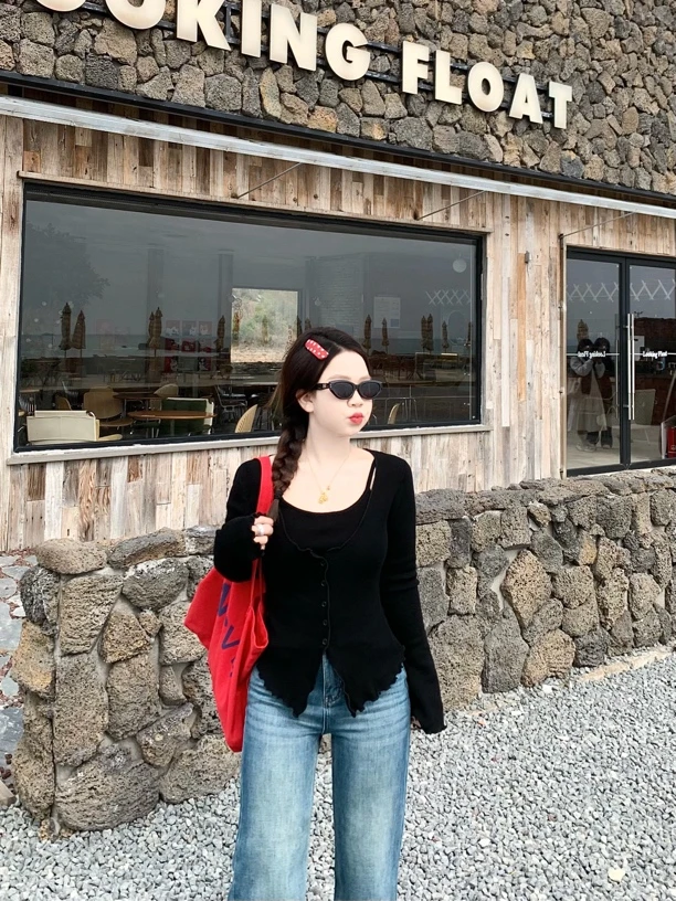 【NiGee】150小个子木耳边简约甜美气质假两件针织上衣#NG0069