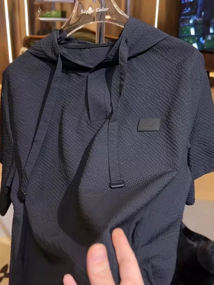 特大码300斤新款小众夏季潮牌简约肌理感连帽短袖卫衣男士宽松T恤