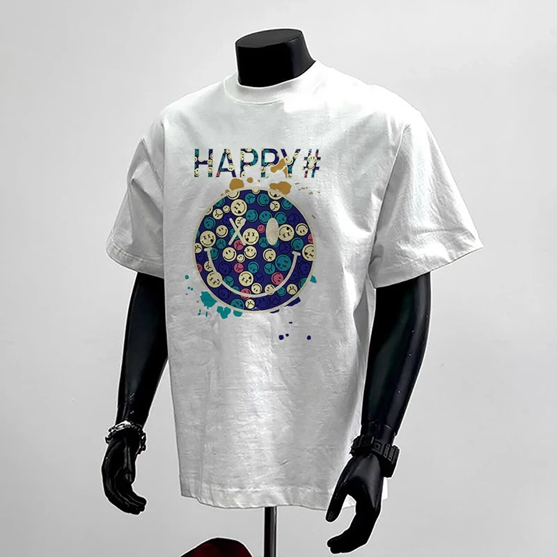 HAPPY笑脸印花纯棉短袖t恤男士夏季新款韩版休闲百搭情侣半袖上衣