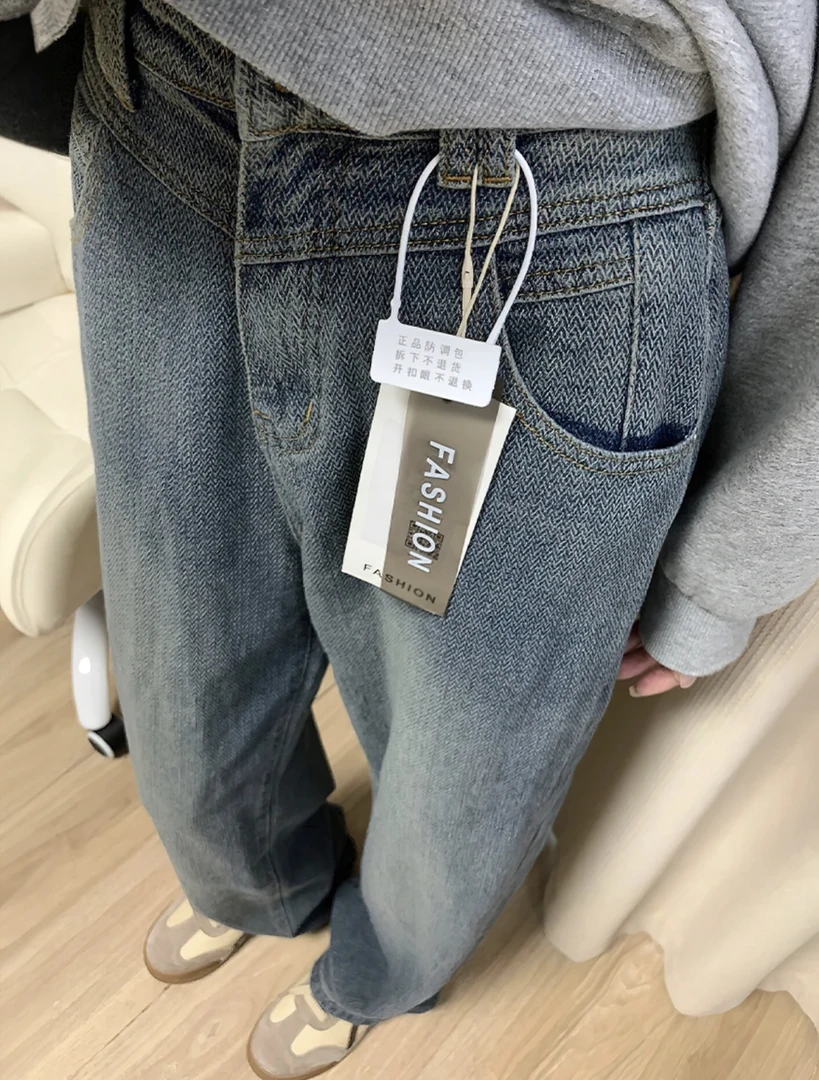 星空纹阔腿裤牛仔裤女复古高腰胖MM显瘦秋冬直筒拖地长裤设计感潮