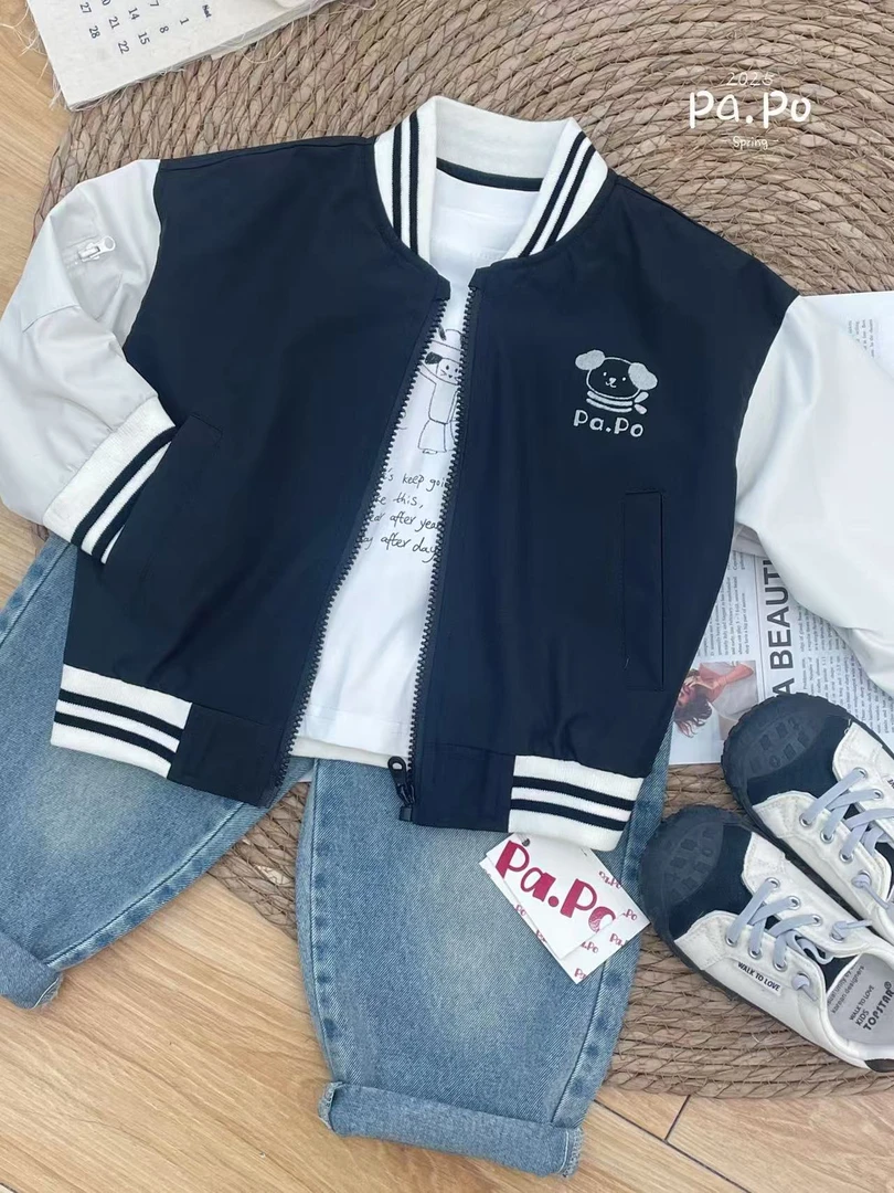 【papo 8039】2025年春款男童时尚拼色连帽冲锋衣外套