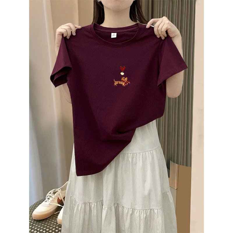 常规正肩圆领短袖乌梅紫色T恤女2025新款休闲百搭显瘦打底衫上衣