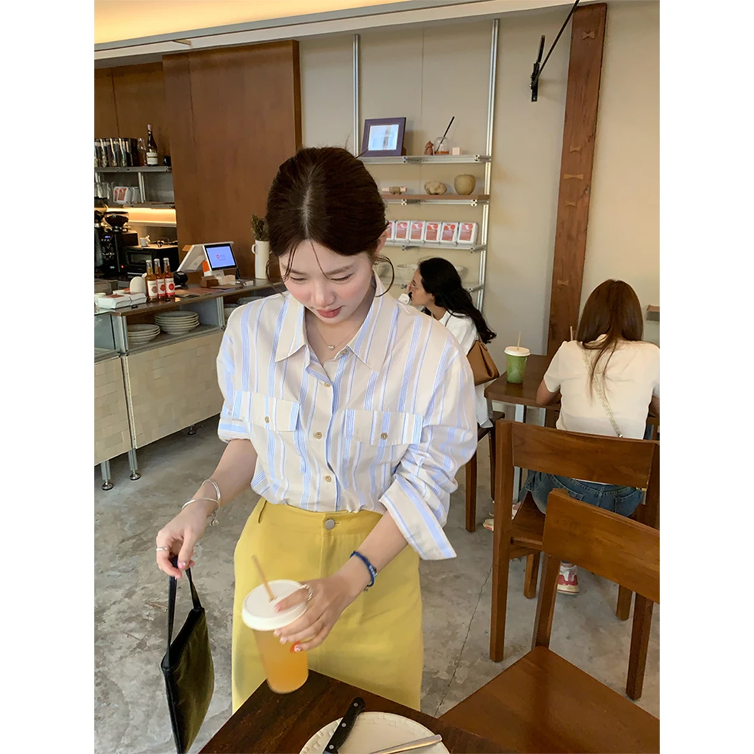 火火火【罗勒清晨】韩版宽松设计感条纹衬衫C29108HH51