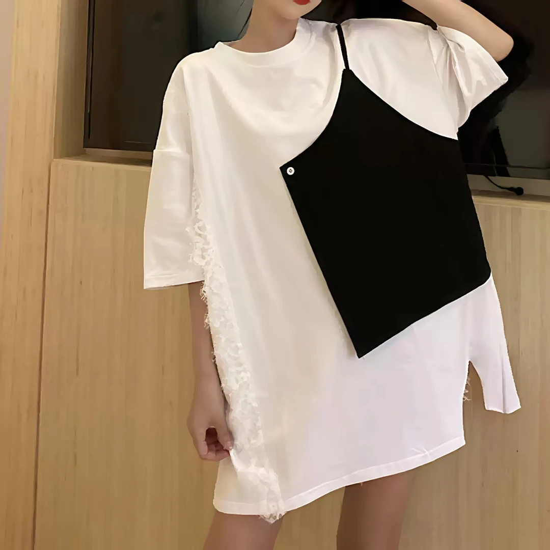 老钱风松弛感女装2025新款夏宽松显瘦撞色拼接假两件短袖时尚T恤