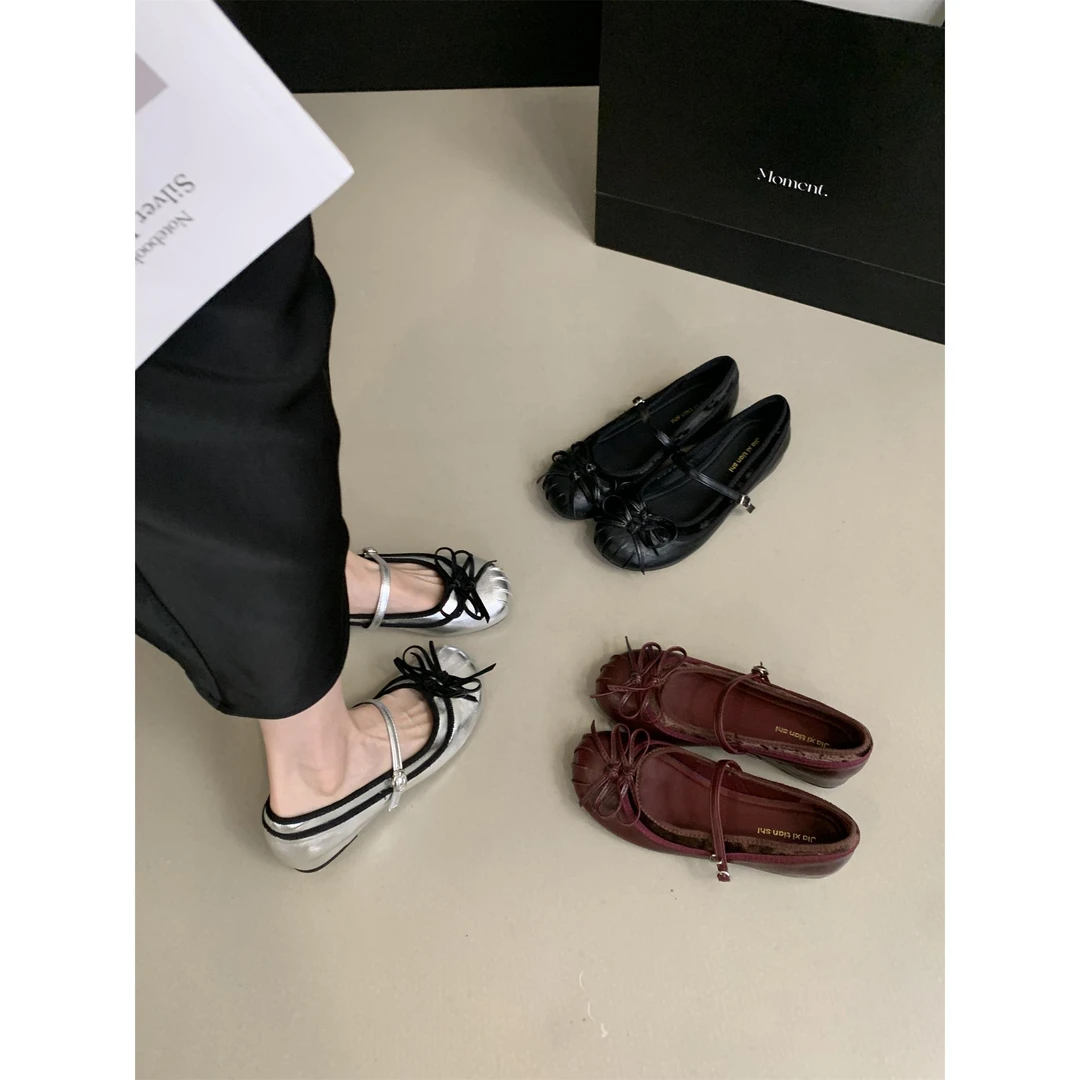 春秋新款内增高~圆头银色单鞋女拼色浅口复古芭蕾舞玛丽珍鞋女