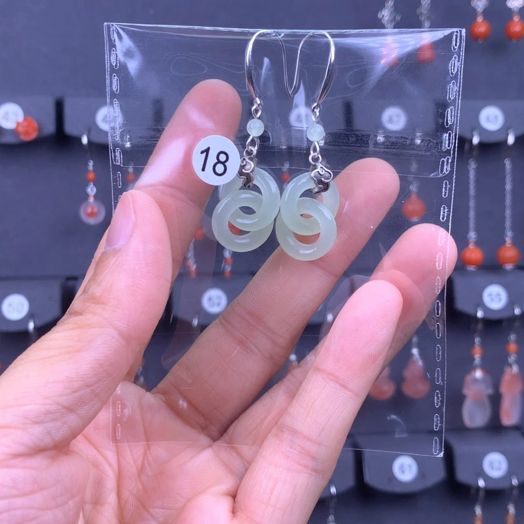 和田玉耳饰银S925镶嵌淼*