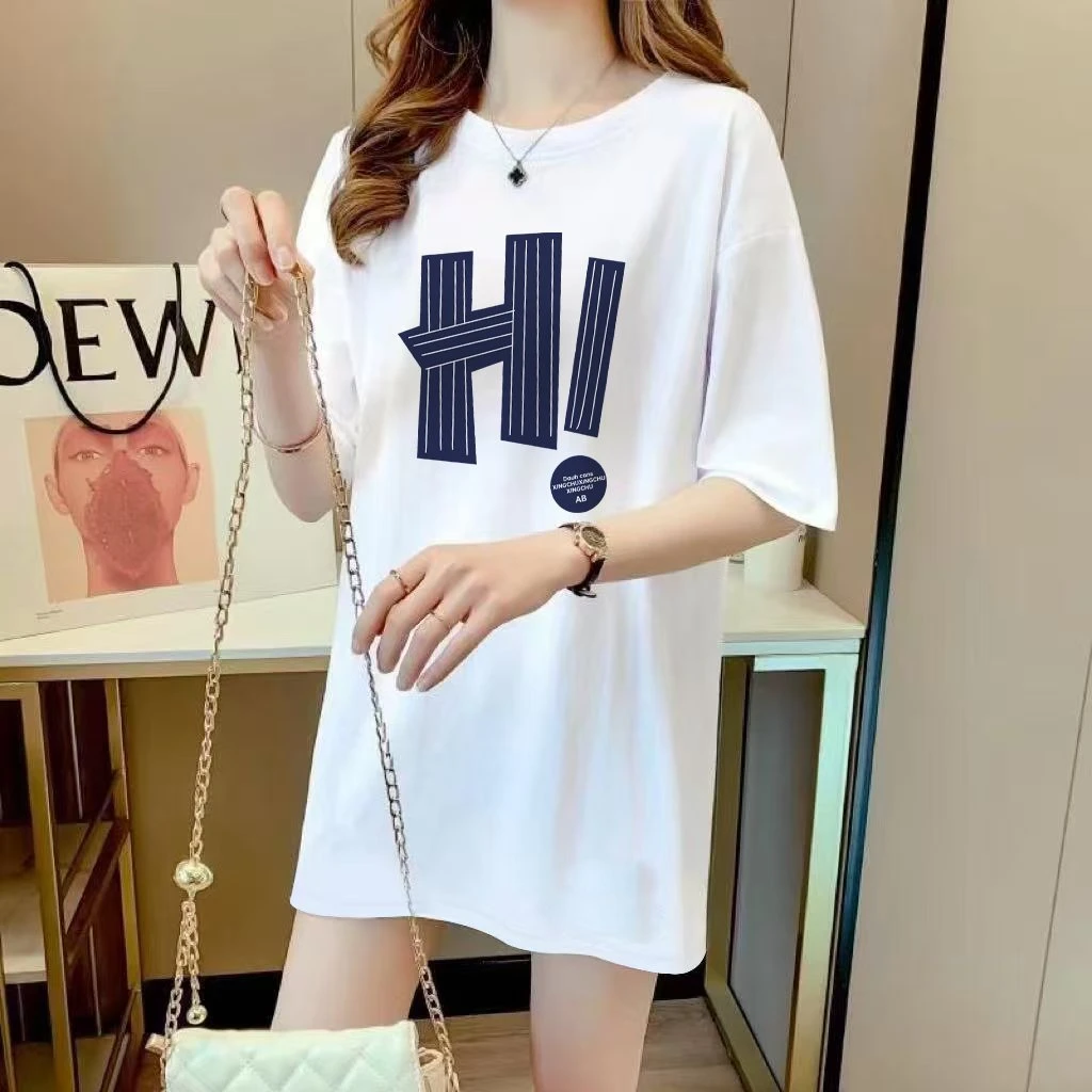 夏季搭配鲨鱼裤芭比裤遮屁股上衣短袖印花圆领t恤女中长款半袖衫