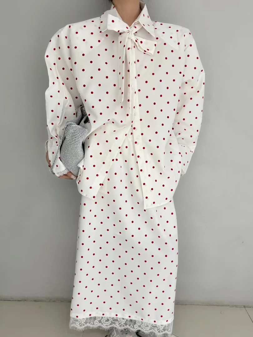 001-200编号2025春季宽松大版波点衬衫女高腰蕾丝花边半身裙套装